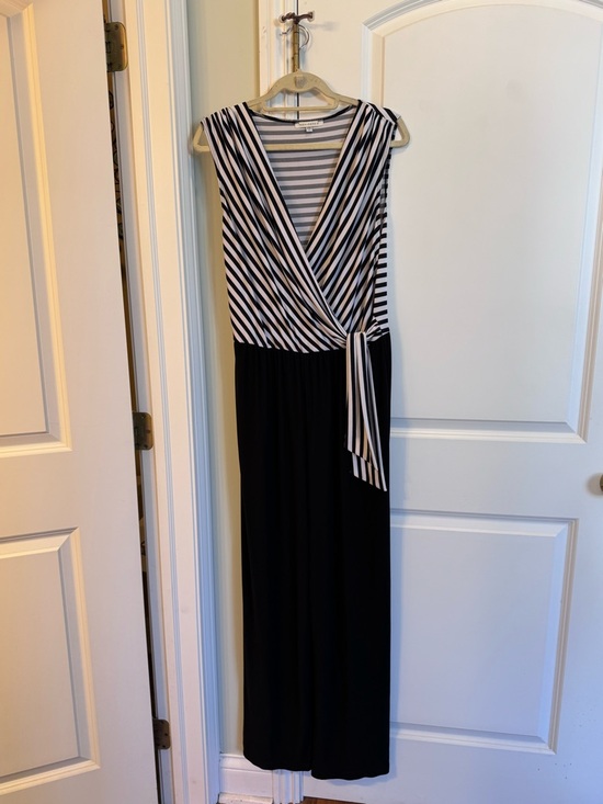 Striped Black & White Wrap Jumpsuit with Self-Tie - Picture 6 of 6